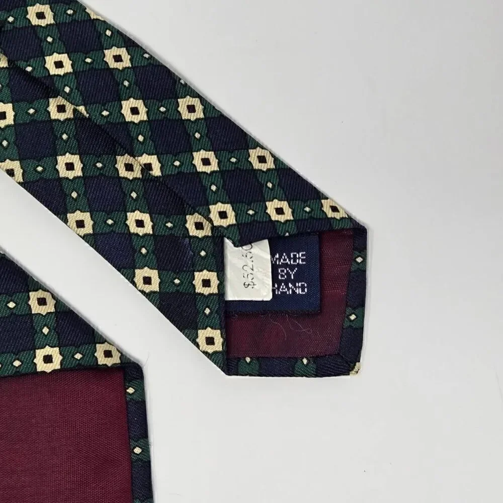POLO RALPH LAUREN SILK TIE GREEN BLUE CREAM STARBURST PLAID SMOOTH 3.5